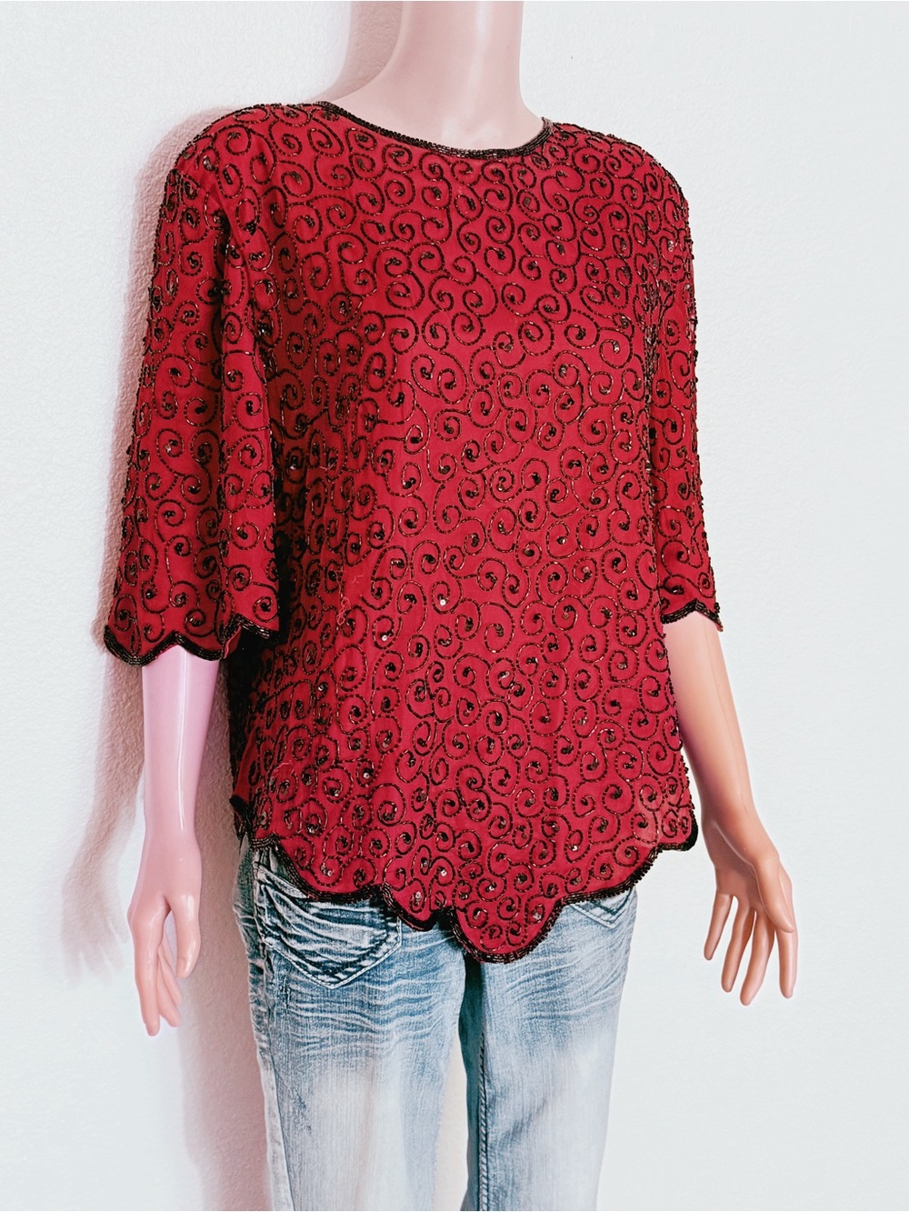 Vintage Red Silk Black Swirl Beaded Sequined Short Sleeve Top XL